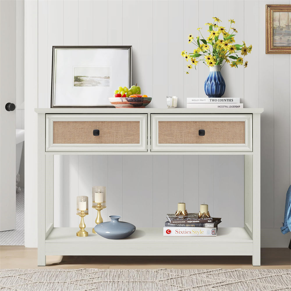 Beige White Modern Narrow Boho Entryway Console Table with Open Storage Shelves and Burlap Rattan Drawers