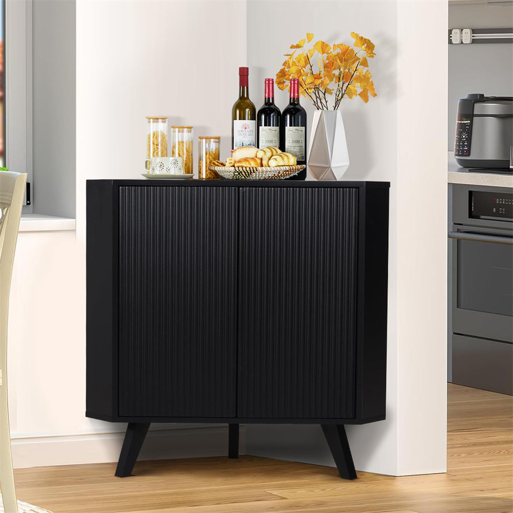 Black Freestanding Fluted Small Floor Corner Cabinet with Adjustable Shelve
