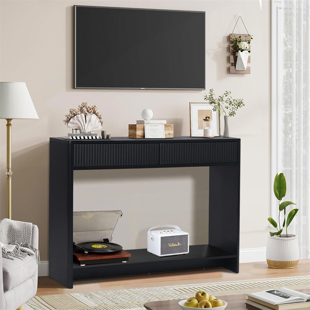 Black Mid Century Farmhouse Fluted Narrow Console Table 43.3' Couch Table with Storage and Drawers