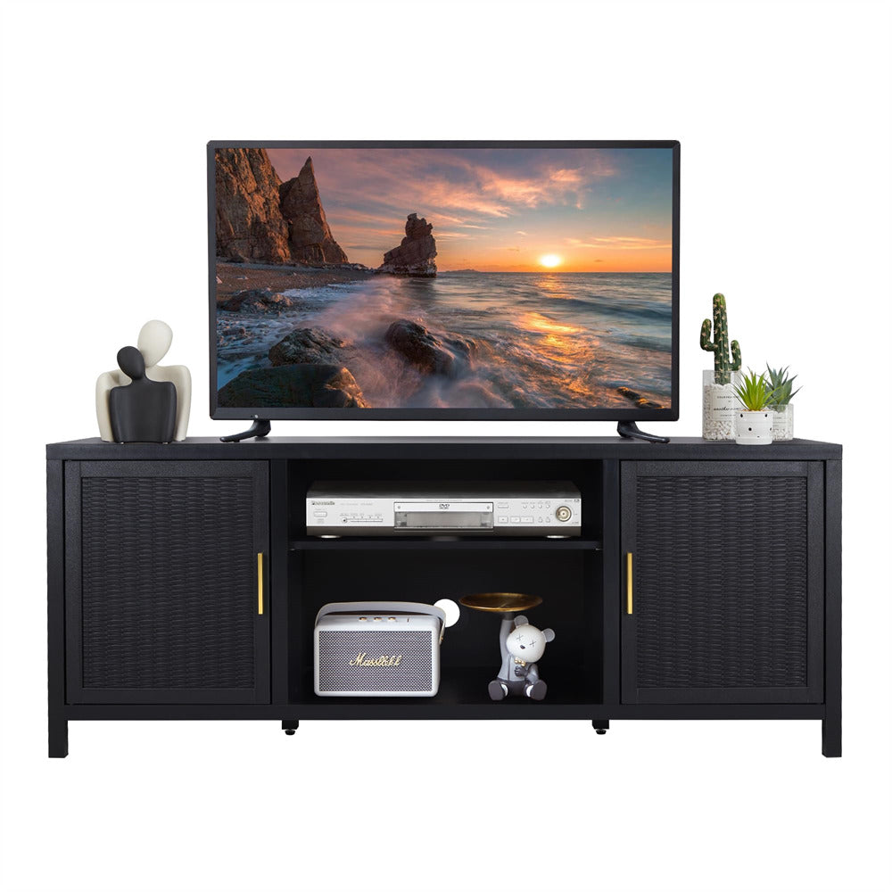 Black Mid Century Modern Rustic Rattan TV Stand 65 inch with Storage and Shelves