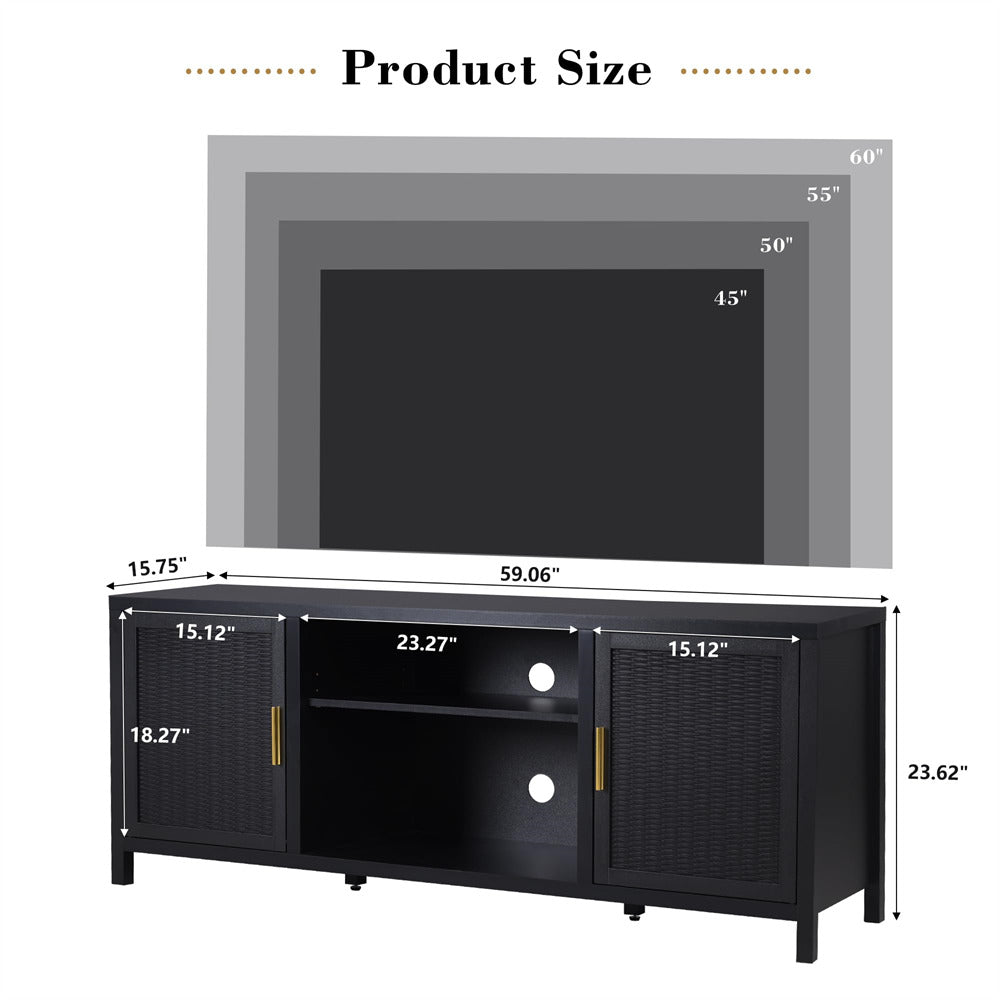 Black Mid Century Modern Rustic Rattan TV Stand 65 inch with Storage and Shelves
