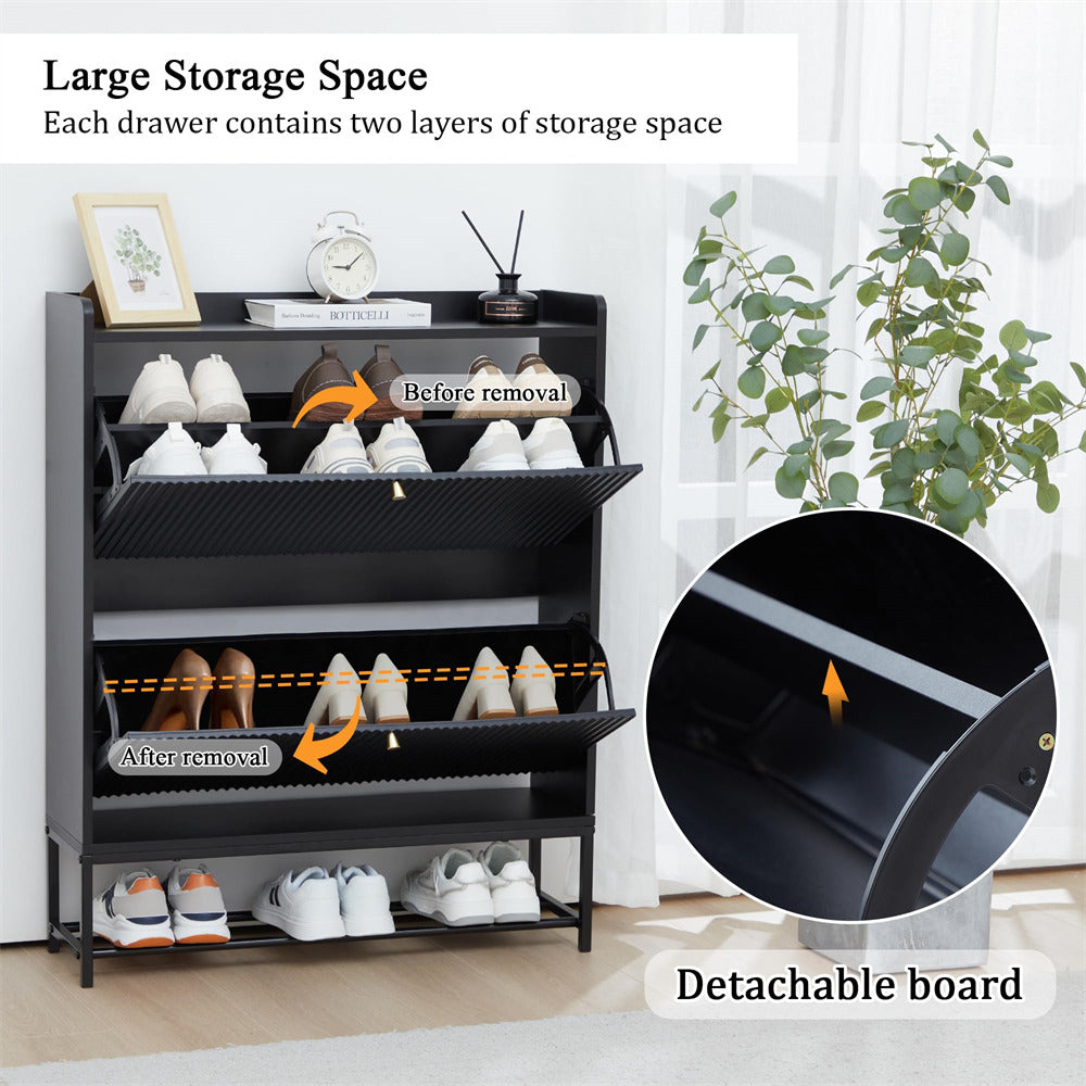 Black Modern Fluted Shoe Cabinet Entryway Shoe Rack with 2 Flip Drawers and Metal Legs