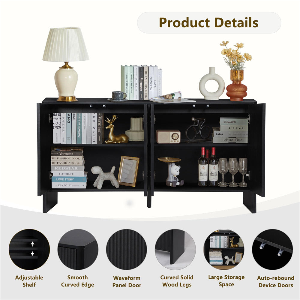 Black Modern Kitchen Storage Sideboard Buffet Cabinet Console Table with 4 Fluted Doors