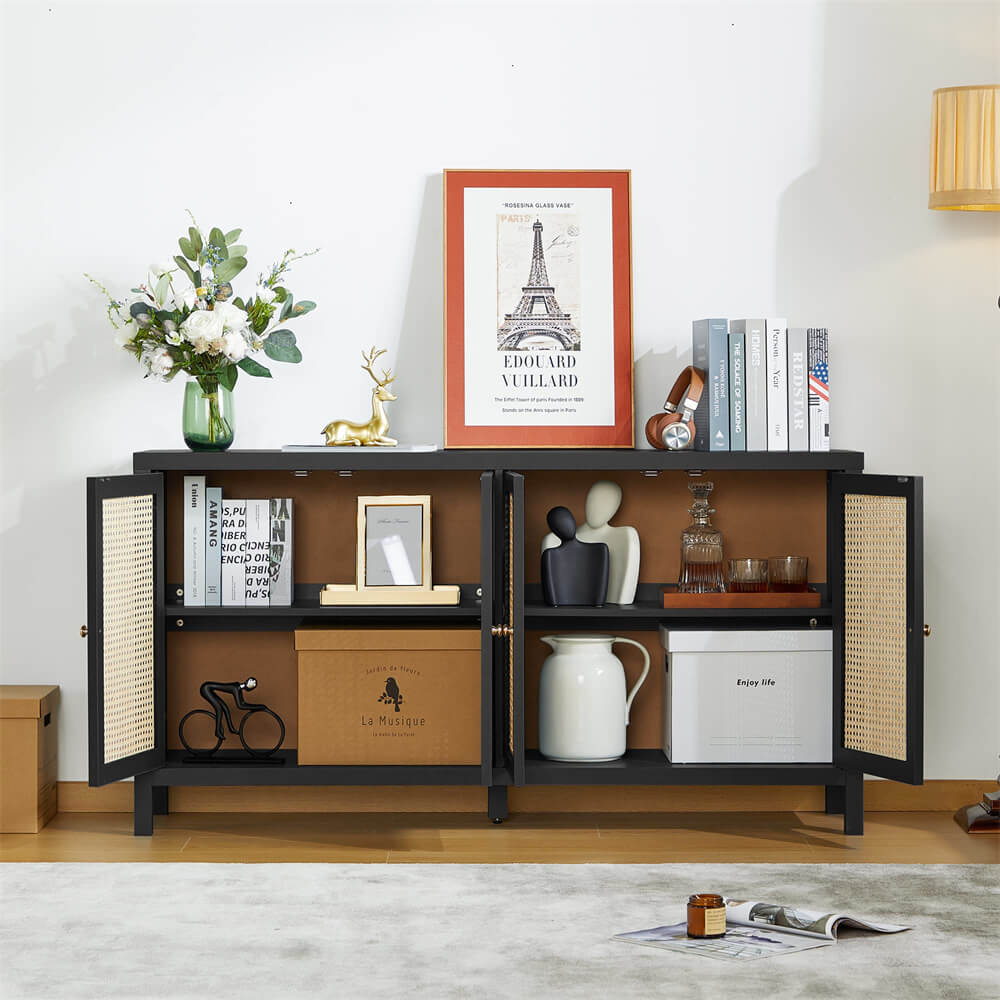 Rattan Storage Cabinet Sideboard Buffet Black with 4 Doors and Adjustable Shelves