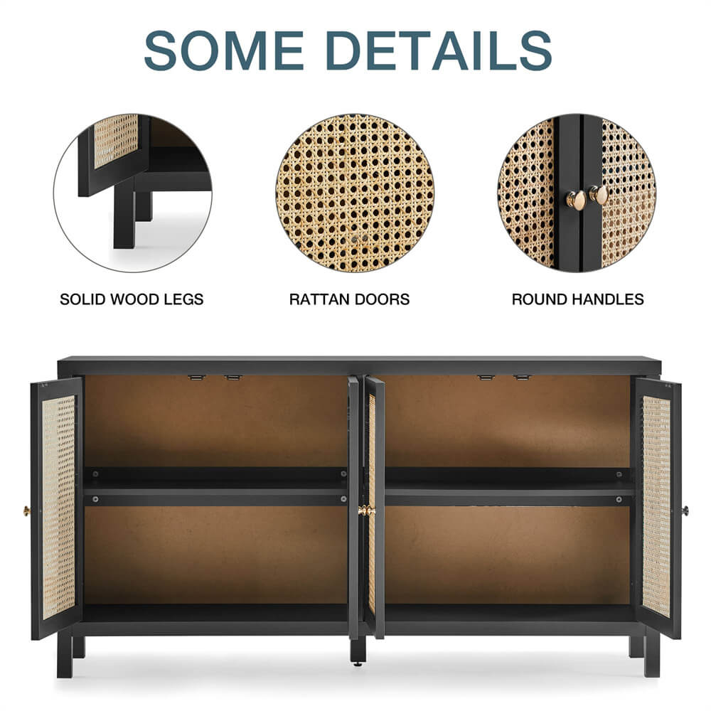 Rattan Storage Cabinet Sideboard Buffet Black with 4 Doors and Adjustable Shelves