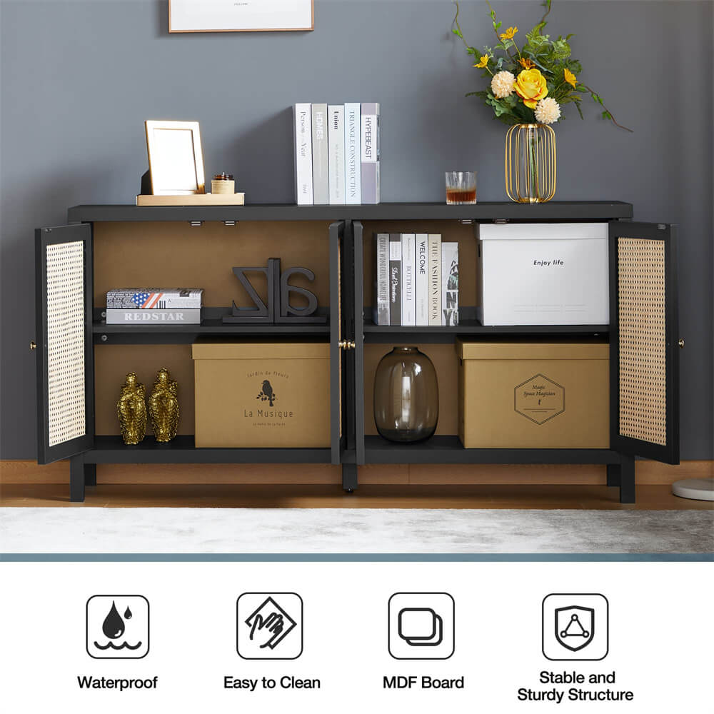 Rattan Storage Cabinet Sideboard Buffet Black with 4 Doors and Adjustable Shelves