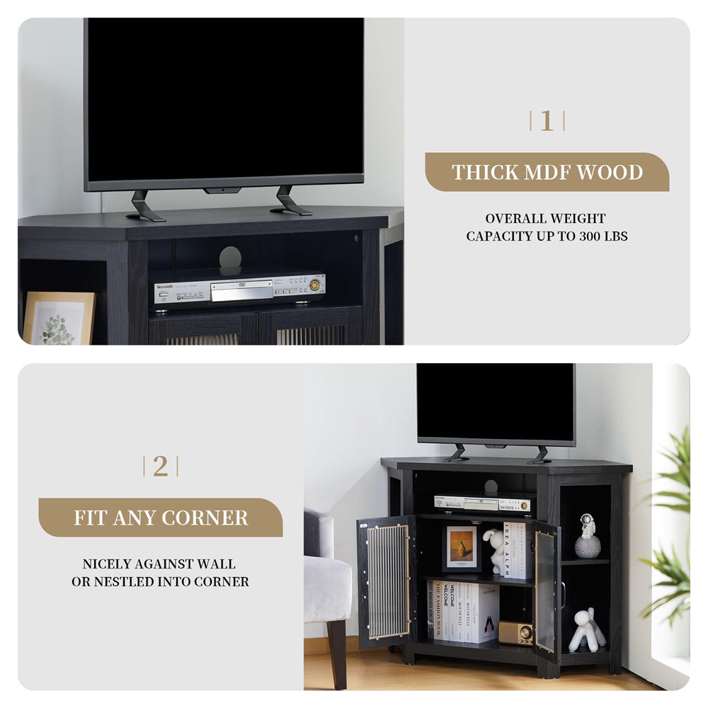 Farmhouse Black Corner TV Stand Media Console Table with 2 Doors and Adjustable Shelves