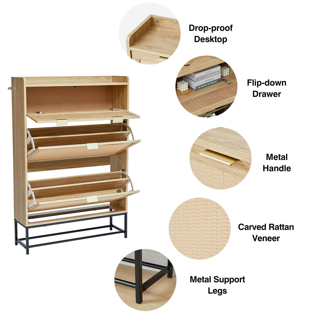 Hidden Shoe Cabinet Natural Free Standing Narrow Shoe Rack Cabinet with 2 Flip Drawer