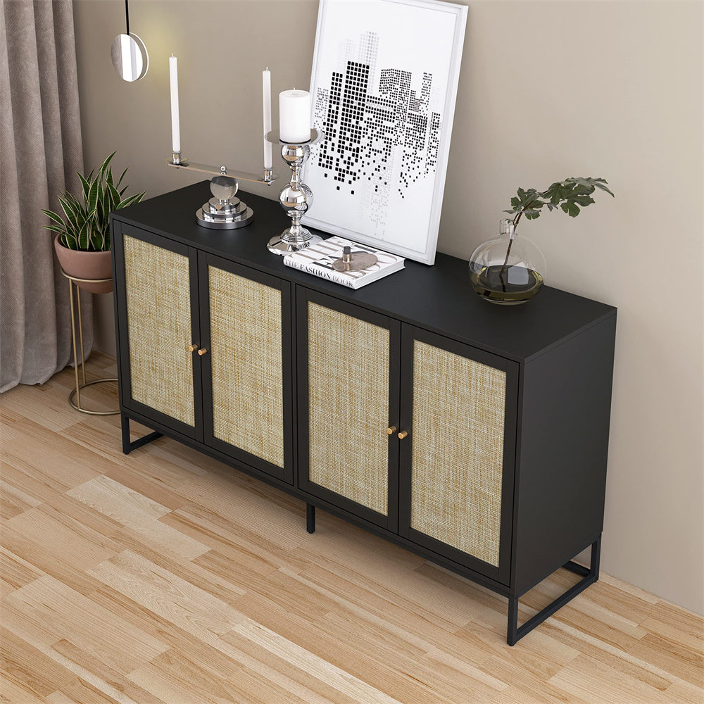 Modern Sideboard Storage Cabinet Black with 4 Rattan Doors