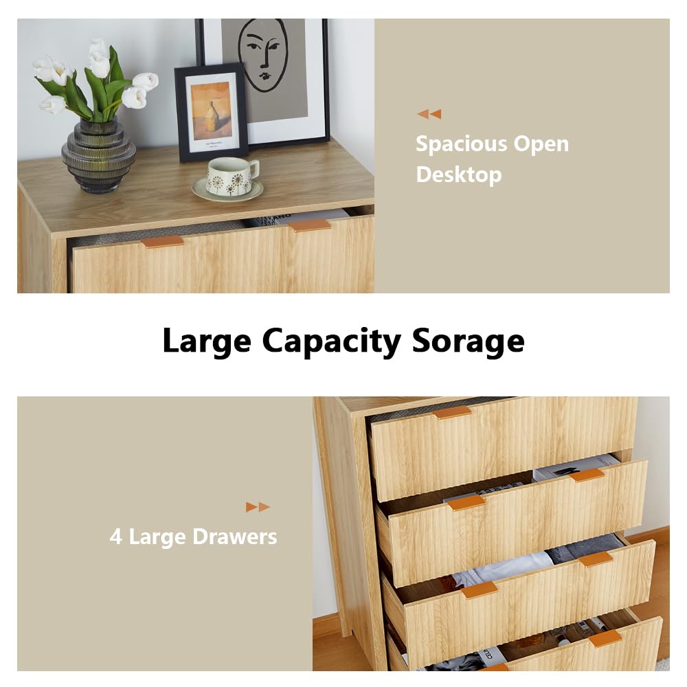 Mid Century Modern Dresser Natural Farmhouse Wooden Storage Cabinet with 4 Drawers