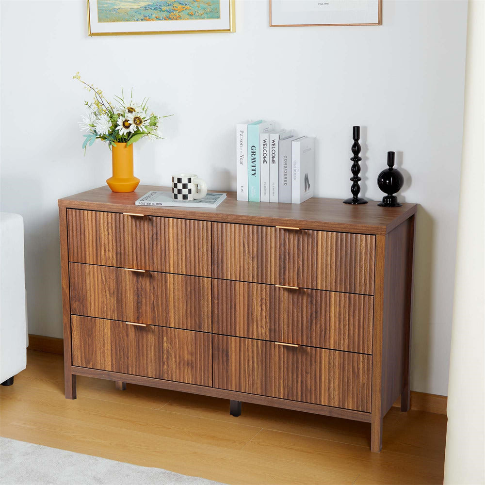Mid Century Modern 6 Drawers Dresser Walnut Farmhouse Wooden Storage Cabinet