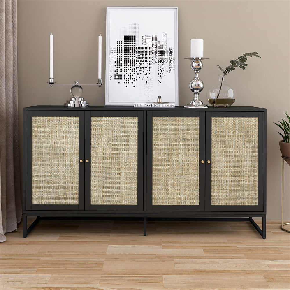 Modern Sideboard Storage Cabinet Black with 4 Rattan Doors