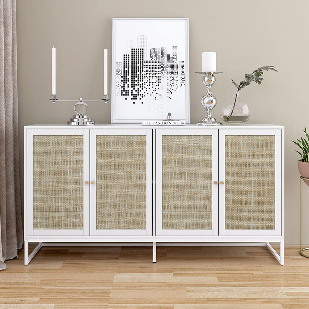 Modern Sideboard Storage Cabinet White with 4 Rattan Doors
