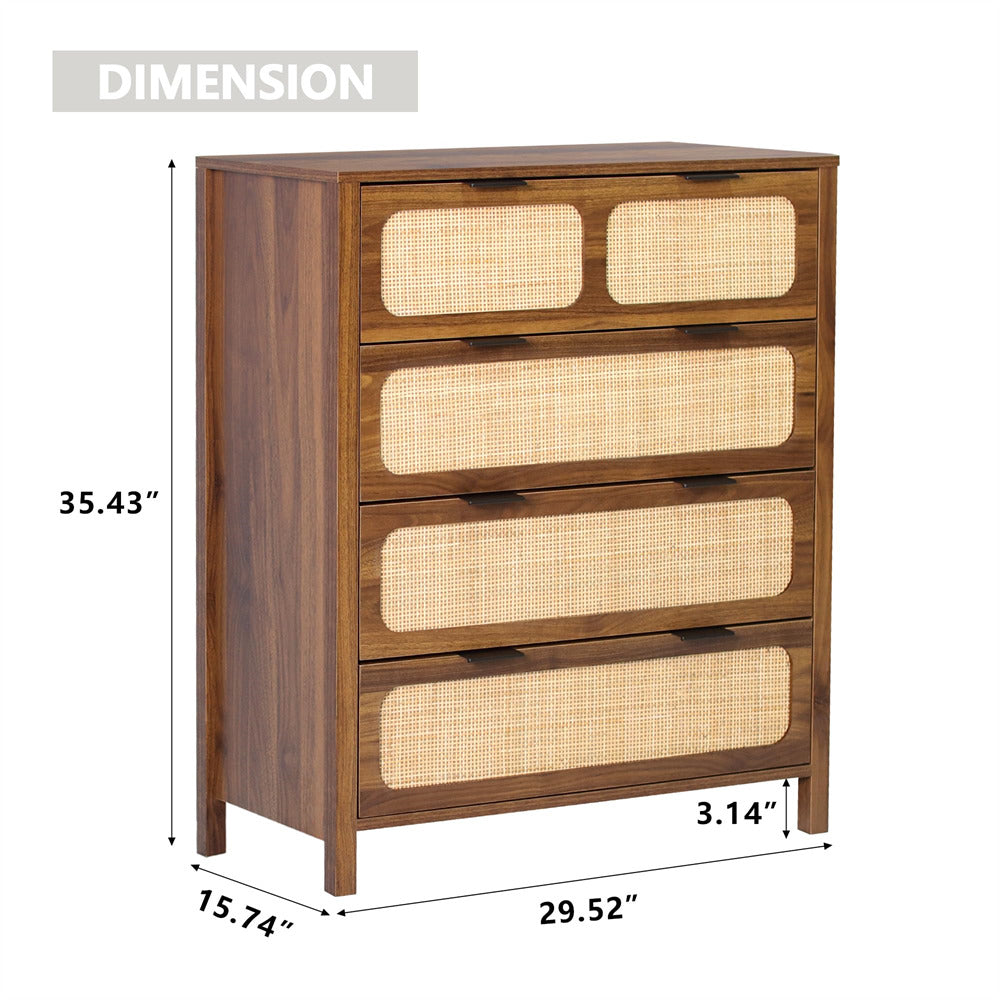Modern Rattan Chest of Drawers Dresser Table with Metal Handles and 4 Drawers walnut color