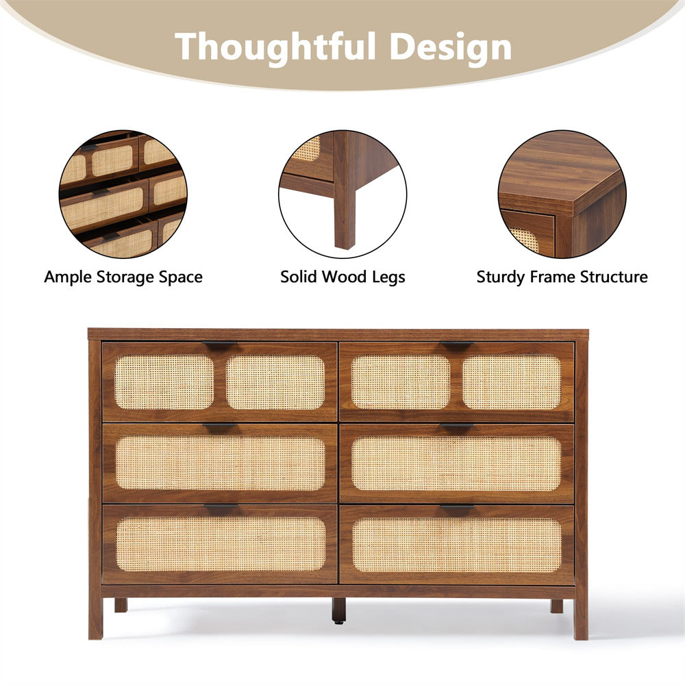 Modern Rattan Dresser Table Walnut with Metal Handles and 6 Drawers