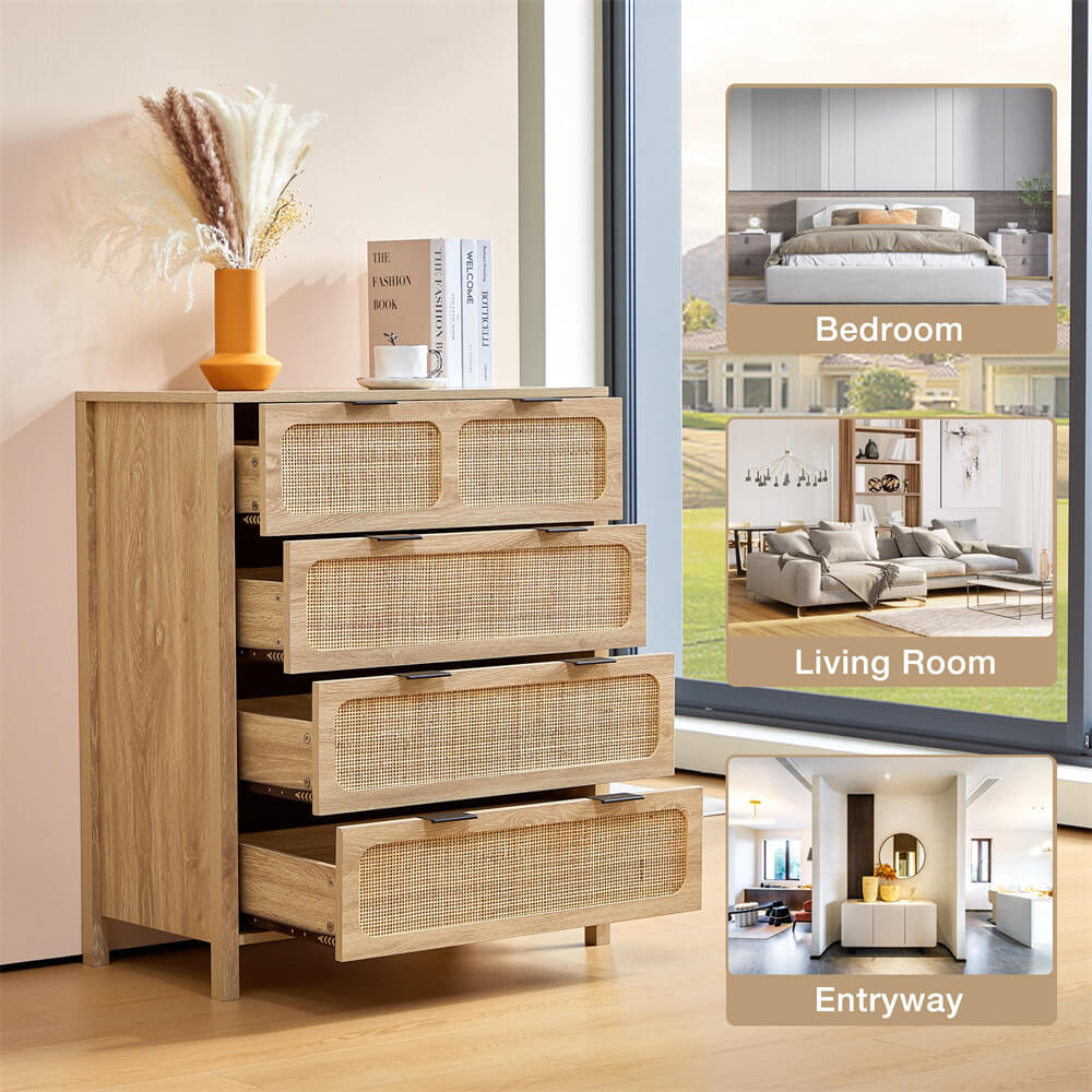 Modern Rattan Dresser Table with Metal Handles and 4 Drawers