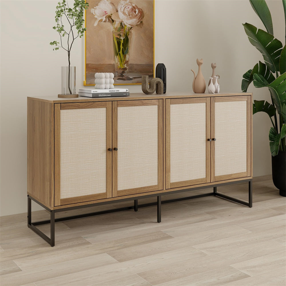 Modern Sideboard Storage Cabinet Walnut with 4 Rattan Doors