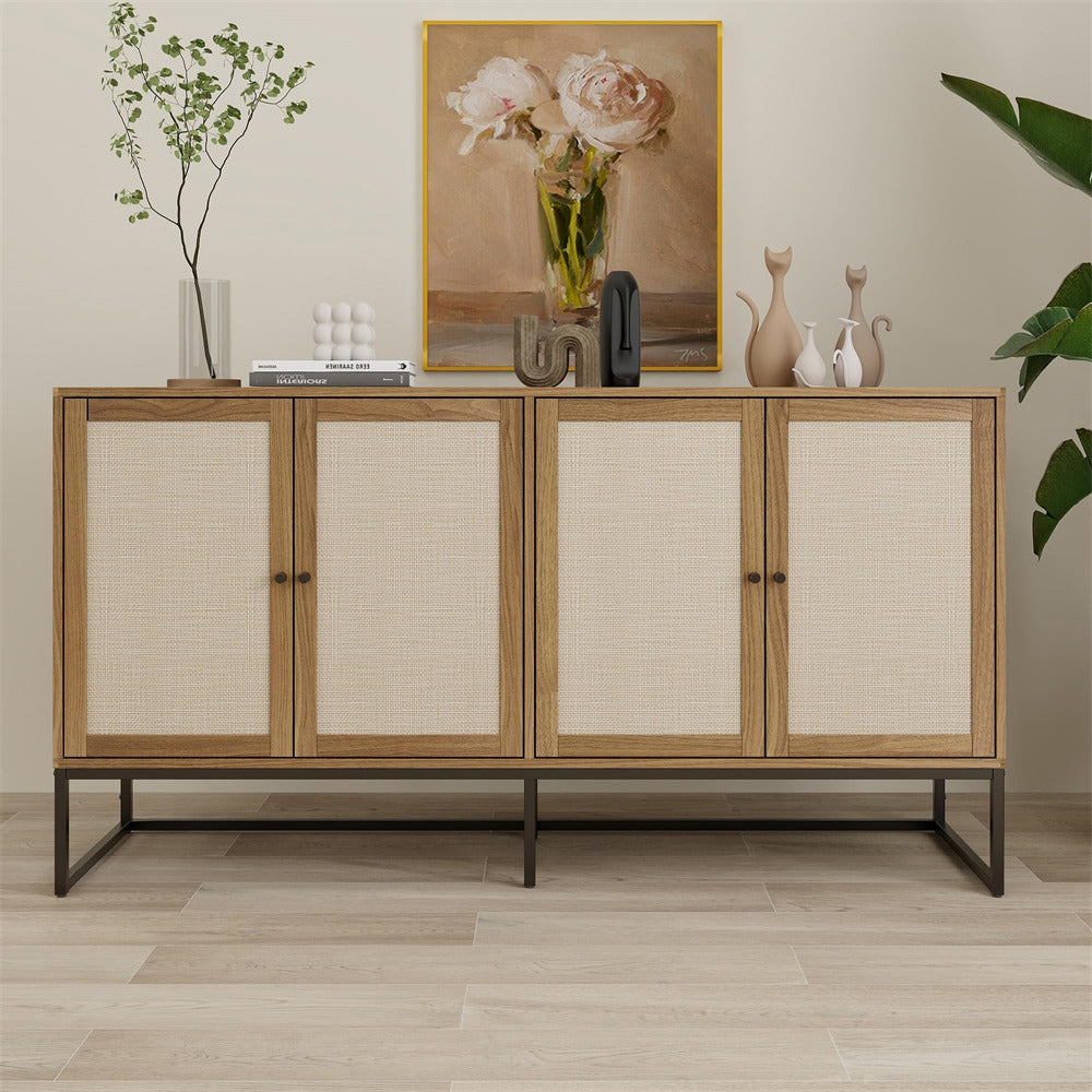 Modern Sideboard Storage Cabinet Walnut with 4 Rattan Doors