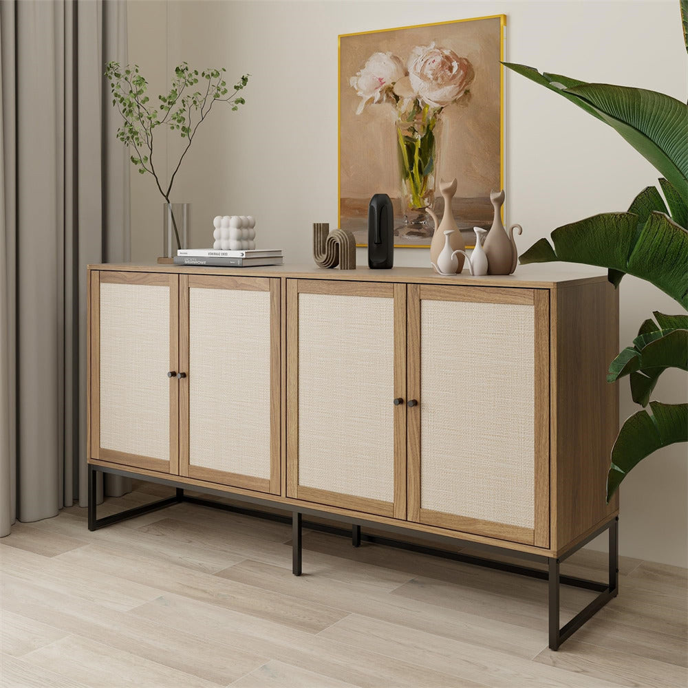 Modern Sideboard Storage Cabinet Walnut with 4 Rattan Doors