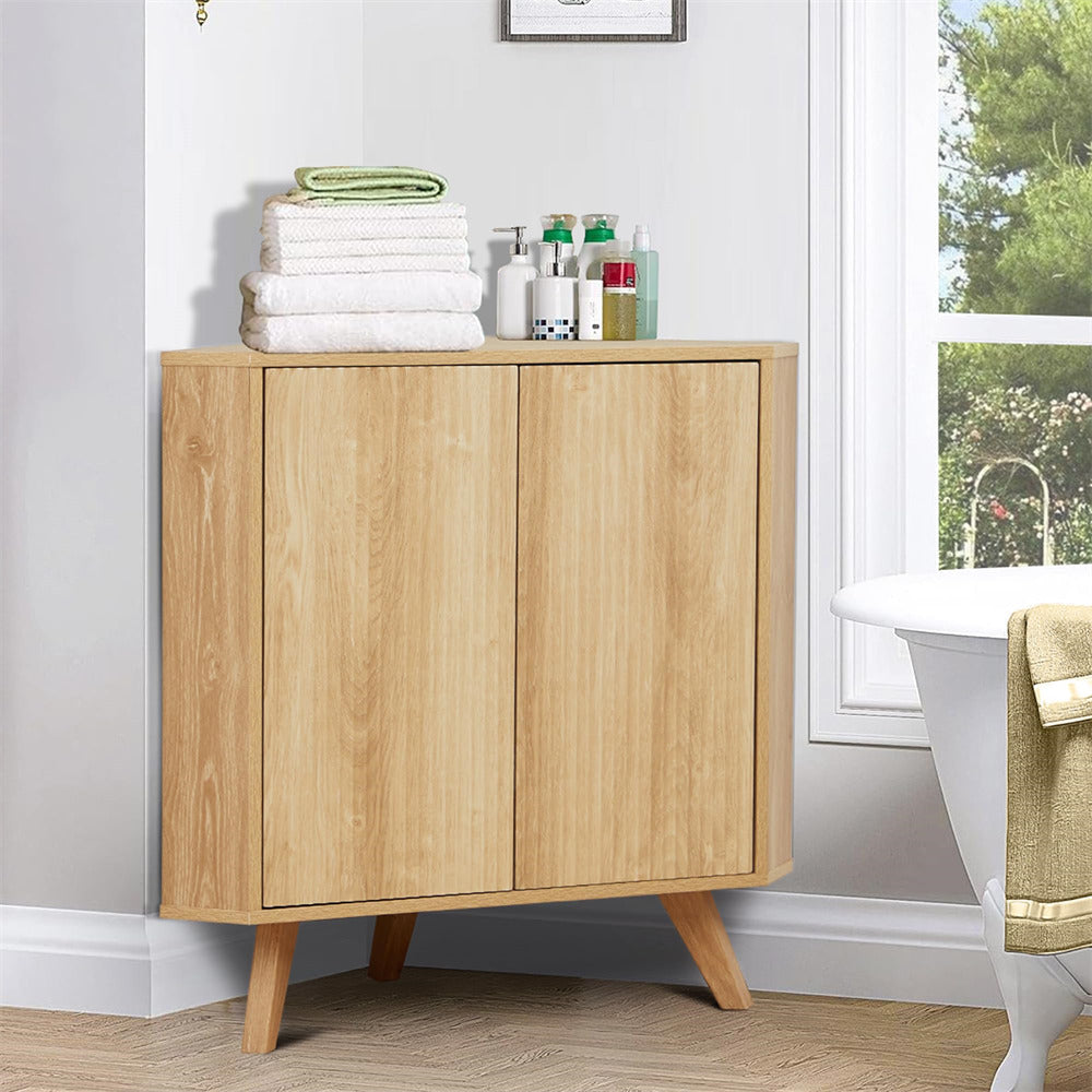 Natural Freestanding Fluted Small Floor Corner Cabinet with Adjustable Shelve