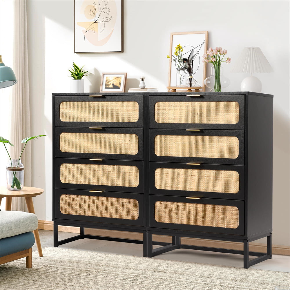 Rattan 4 Drawers Dresser Black Tall Chest of Drawers with Metal Legs