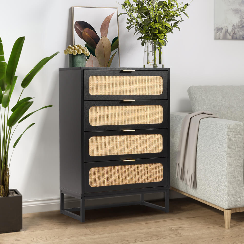 Rattan 4 Drawers Dresser Black Tall Chest of Drawers with Metal Legs