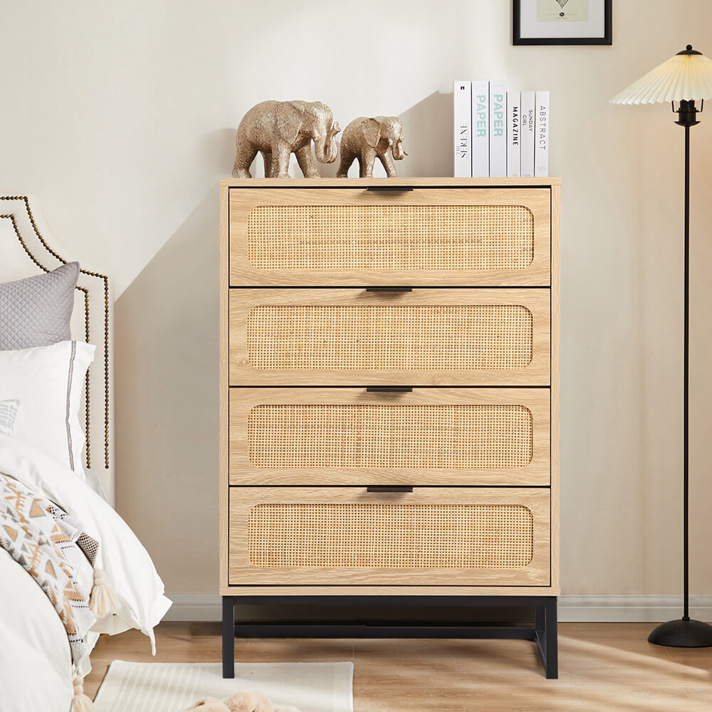 Rattan 4 Drawers Dresser Natural Tall Chest of Drawers with Metal Legs
