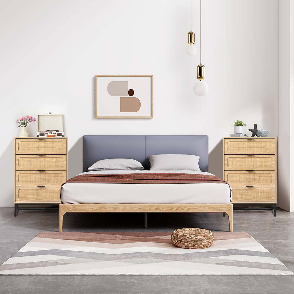 Rattan 4 Drawers Dresser Natural Tall Chest of Drawers with Metal Legs