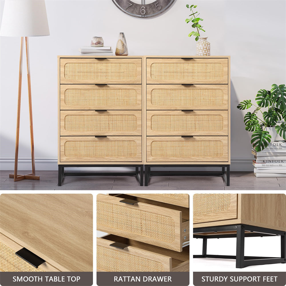 Rattan 4 Drawers Dresser Natural Tall Chest of Drawers with Metal Legs