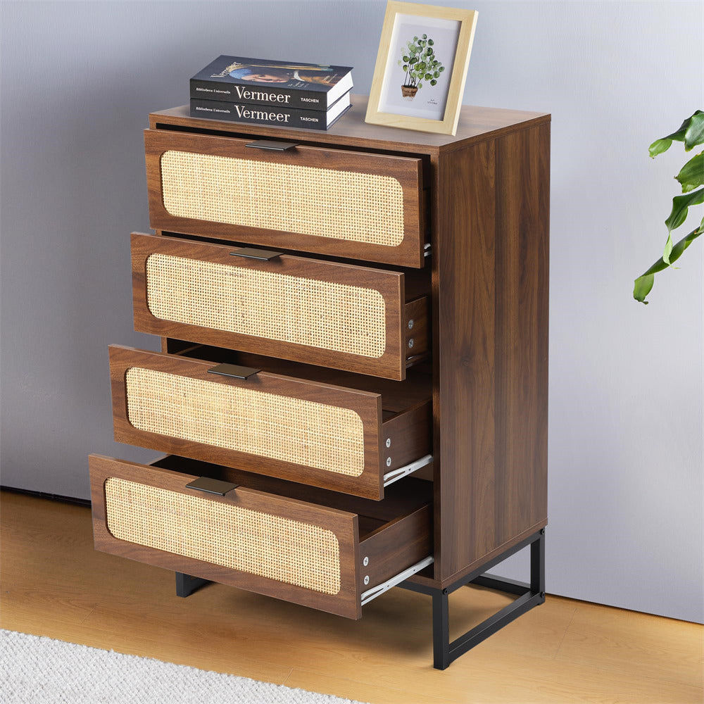 Rattan 4 Drawers Dresser Walnut Tall Chest of Drawers with Metal Legs