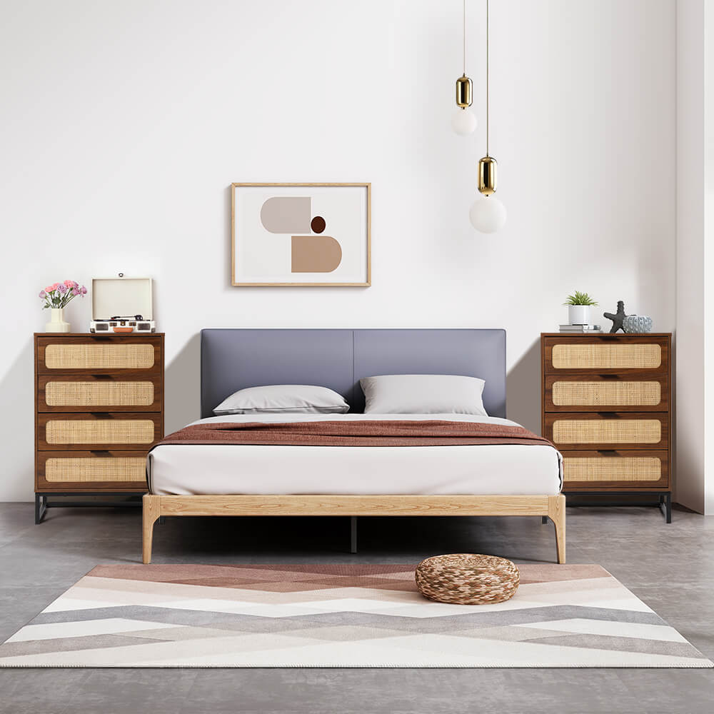 Rattan 4 Drawers Dresser Walnut Tall Chest of Drawers with Metal Legs