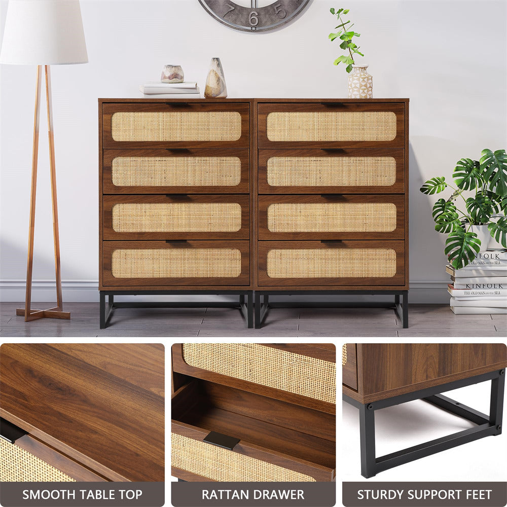Rattan 4 Drawers Dresser Walnut Tall Chest of Drawers with Metal Legs