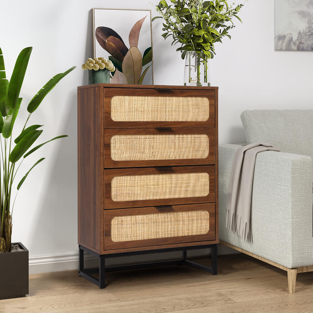 Rattan 4 Drawers Dresser Walnut Tall Chest of Drawers with Metal Legs