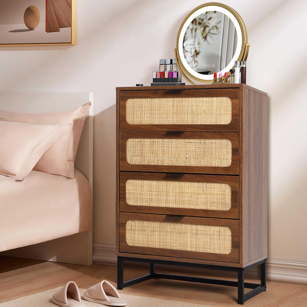 Rattan 4 Drawers Dresser Walnut Tall Chest of Drawers with Metal Legs