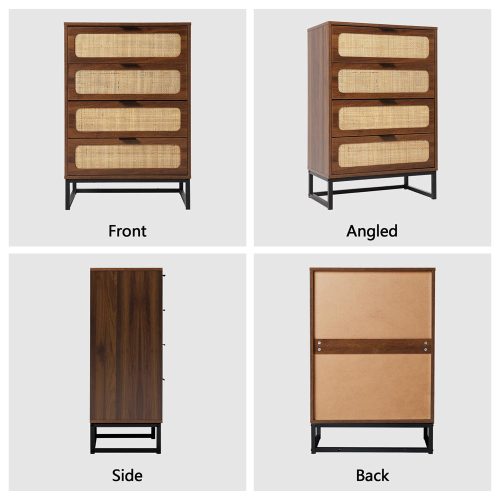Rattan 4 Drawers Dresser Walnut Tall Chest of Drawers with Metal Legs
