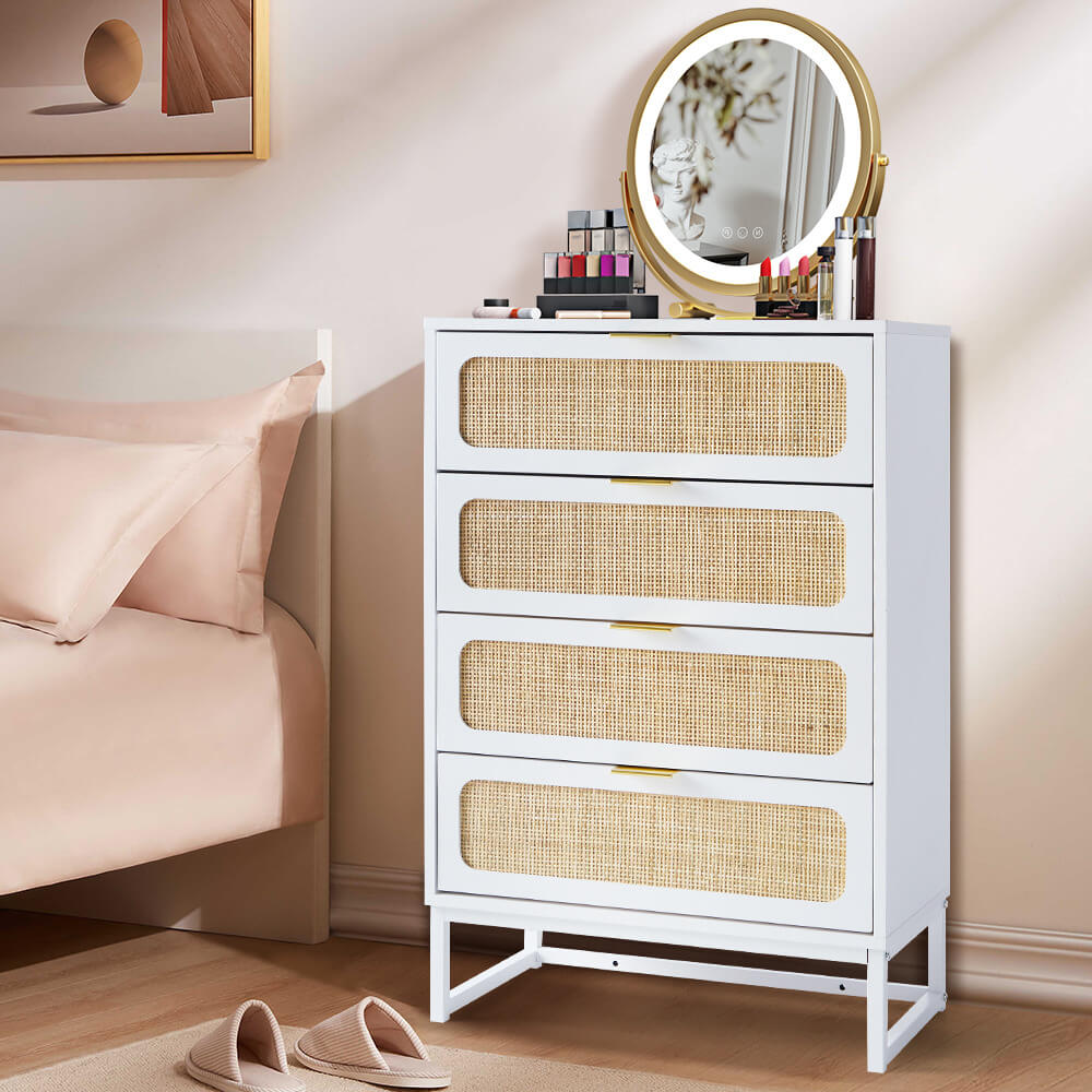 Rattan 4 Drawers Dresser White Tall Chest of Drawers with Metal Legs