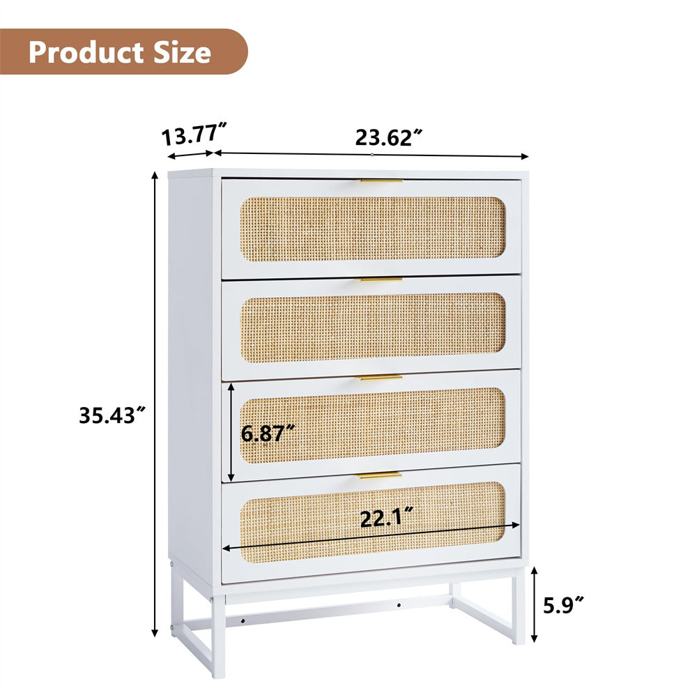 Rattan 4 Drawers Dresser White Tall Chest of Drawers with Metal Legs