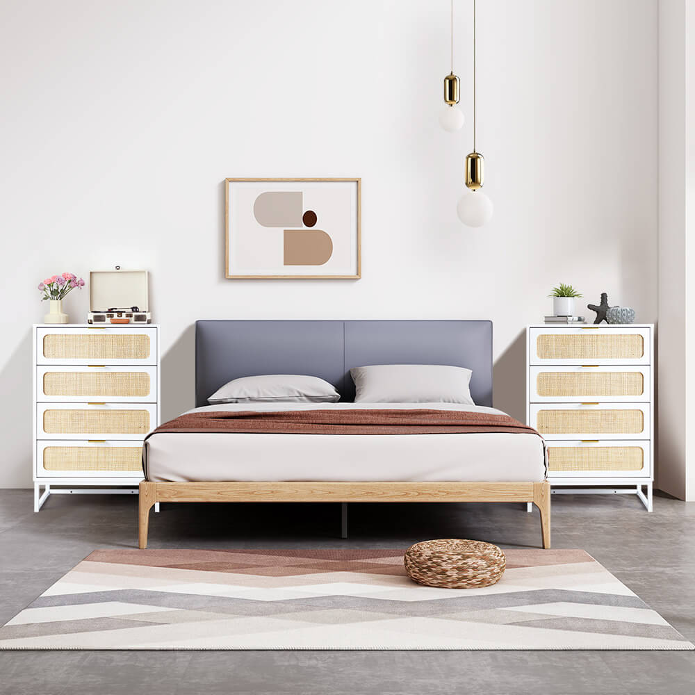 Rattan 4 Drawers Dresser White Tall Chest of Drawers with Metal Legs
