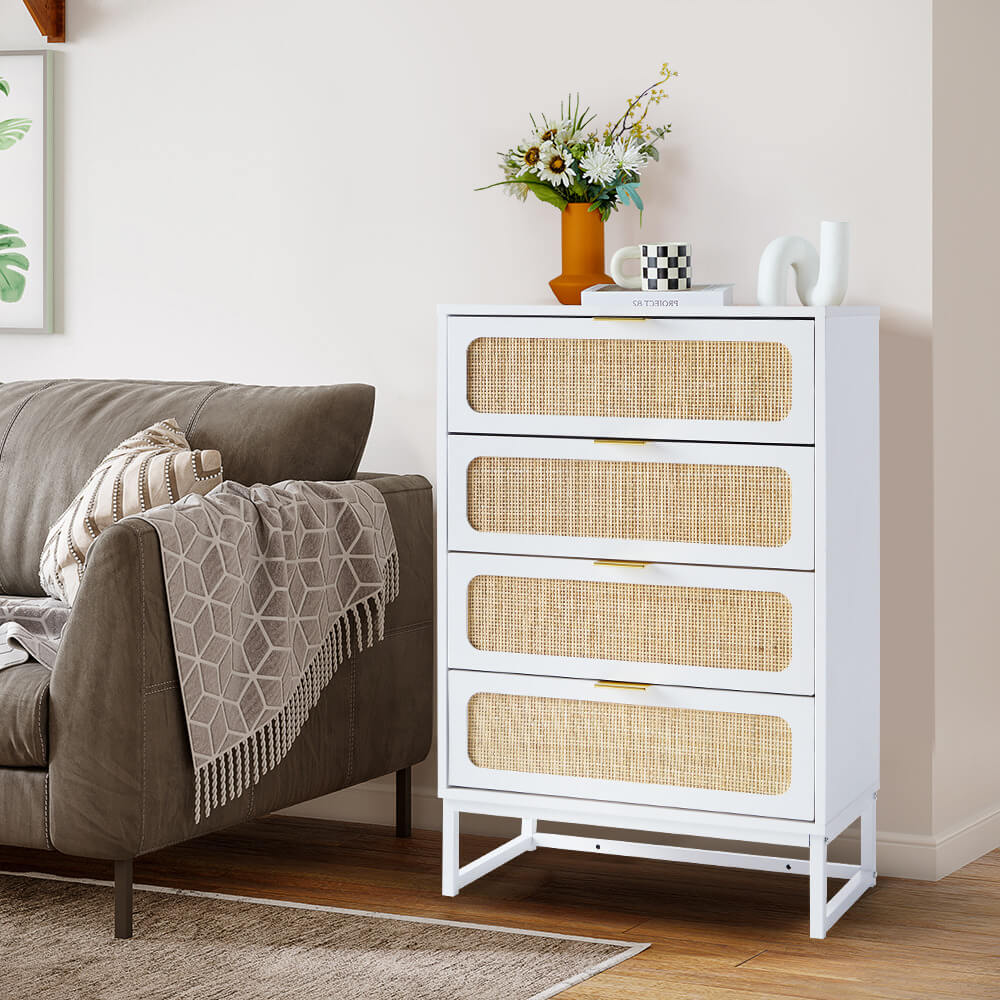Rattan 4 Drawers Dresser White Tall Chest of Drawers with Metal Legs