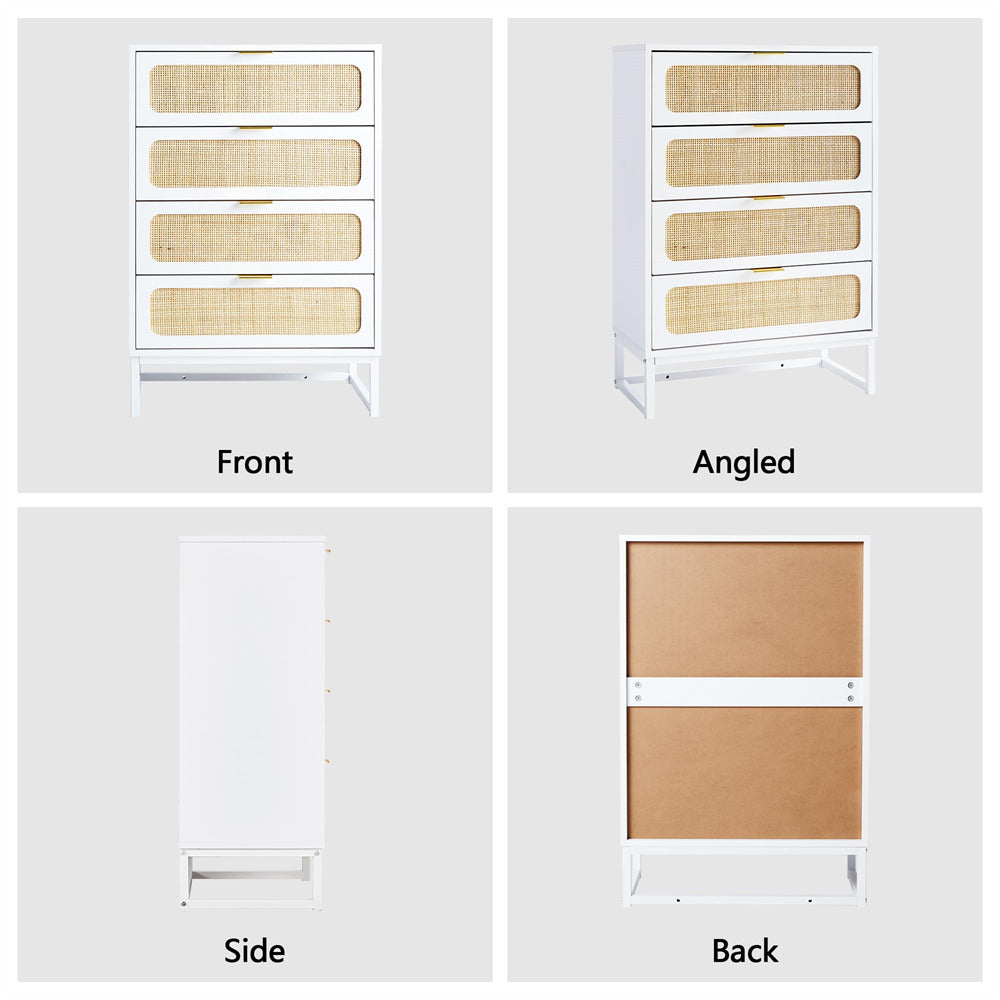 Rattan 4 Drawers Dresser White Tall Chest of Drawers with Metal Legs