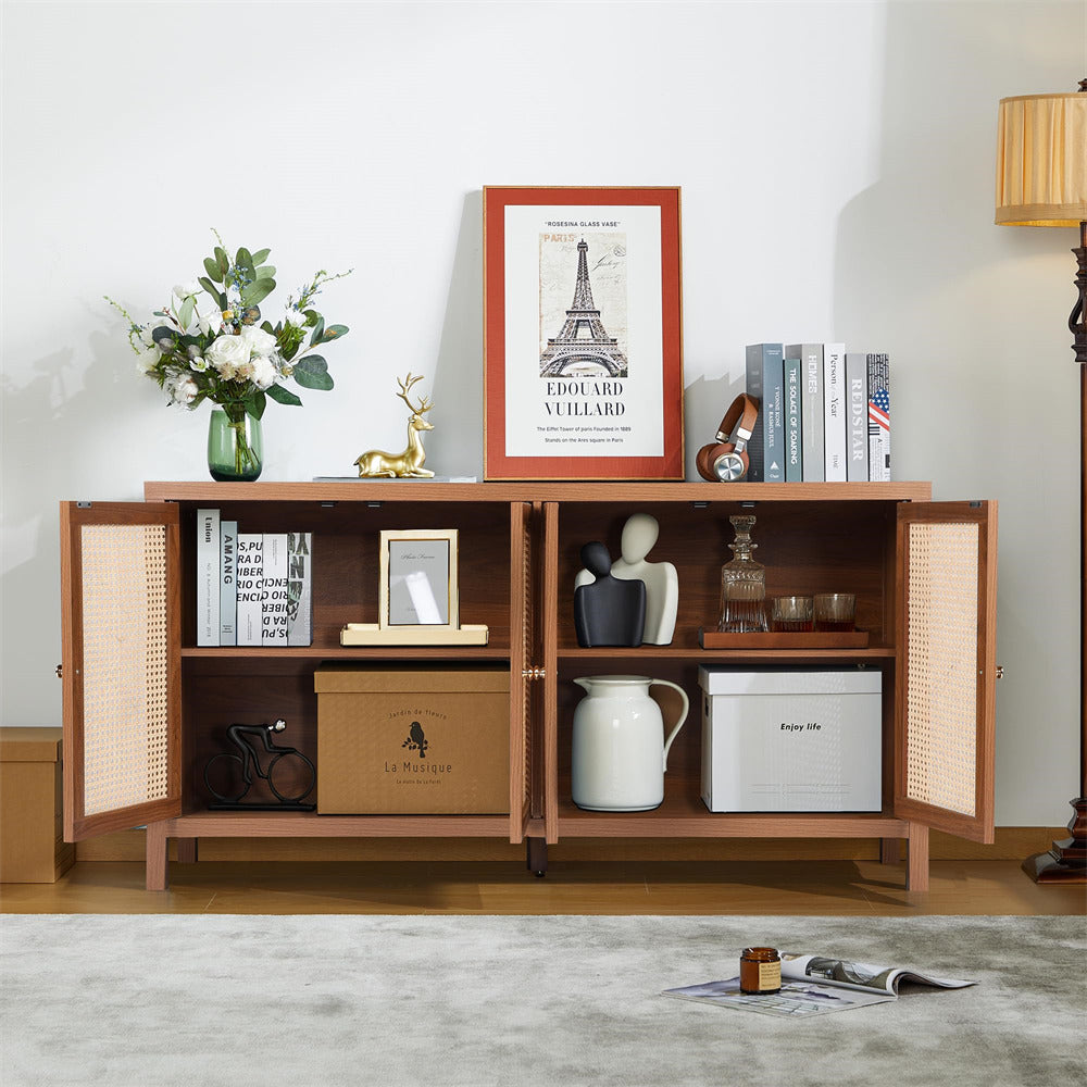 Rattan Storage Cabinet Sideboard Buffet Walnut with 4 Doors and Adjustable Shelves