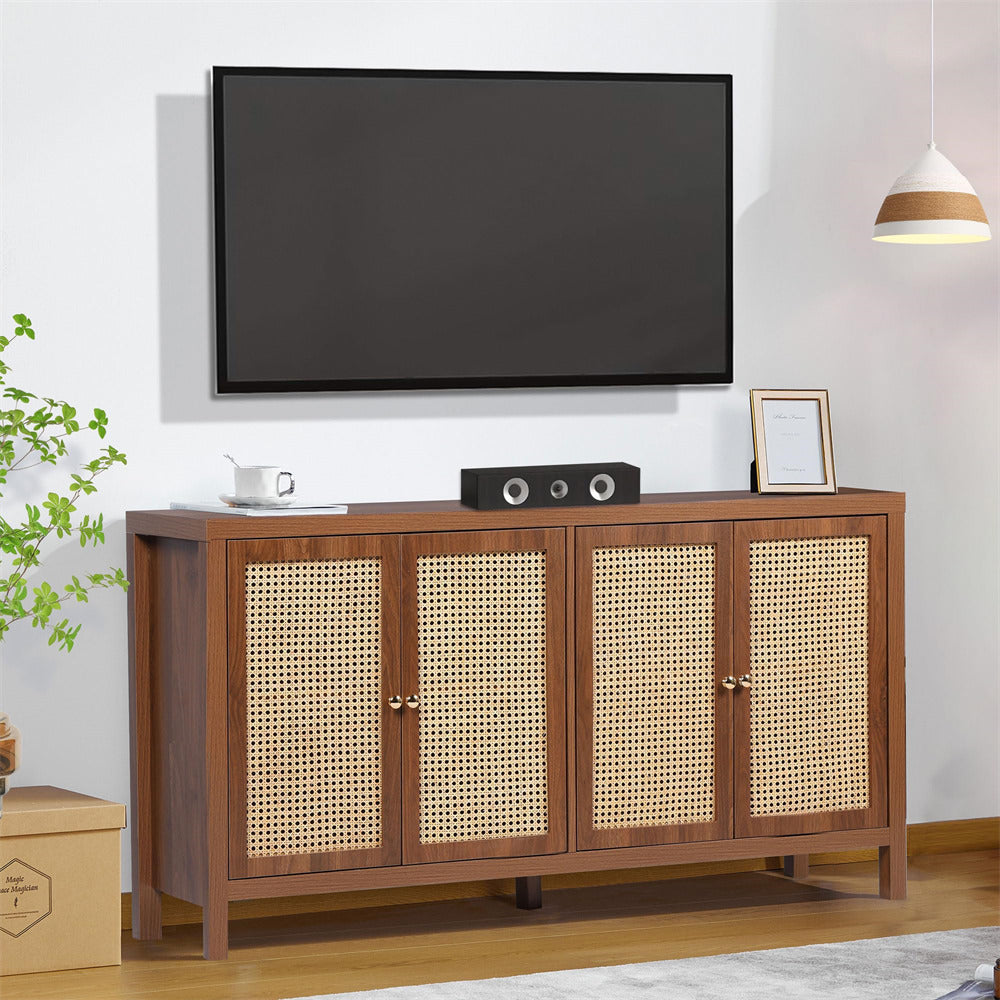 Rattan Storage Cabinet Sideboard Buffet Walnut with 4 Doors and Adjustable Shelves