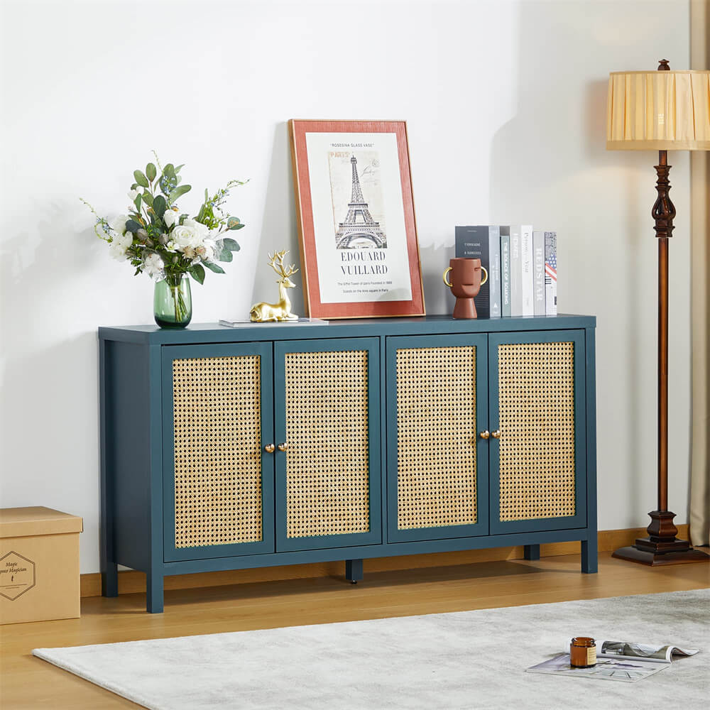 Rattan Storage Cabinet Sideboard Buffet Blue with 4 Doors and Adjustable Shelves