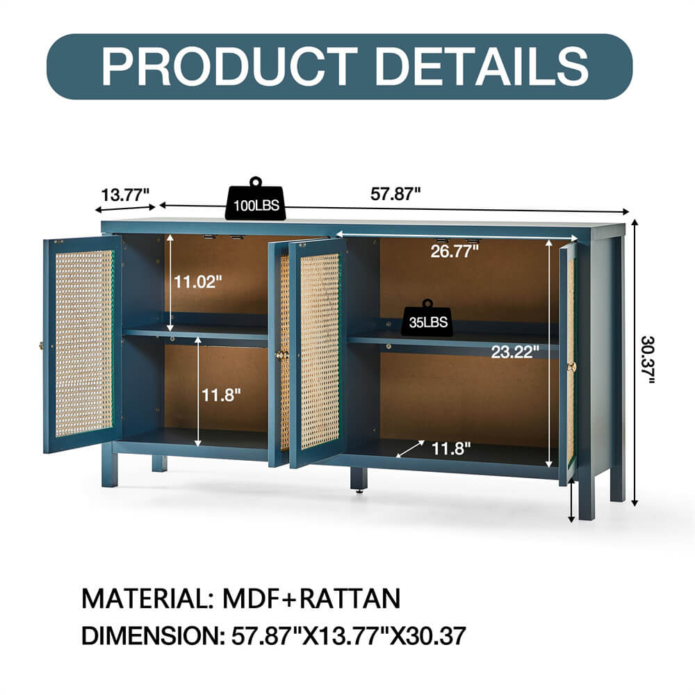 Rattan Storage Cabinet Sideboard Buffet Blue with 4 Doors and Adjustable Shelves