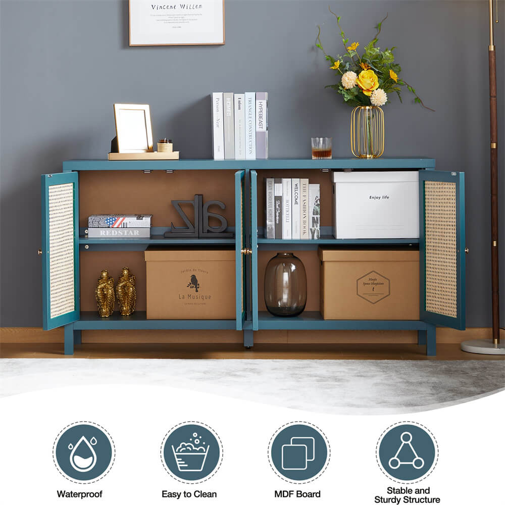 Rattan Storage Cabinet Sideboard Buffet Blue with 4 Doors and Adjustable Shelves