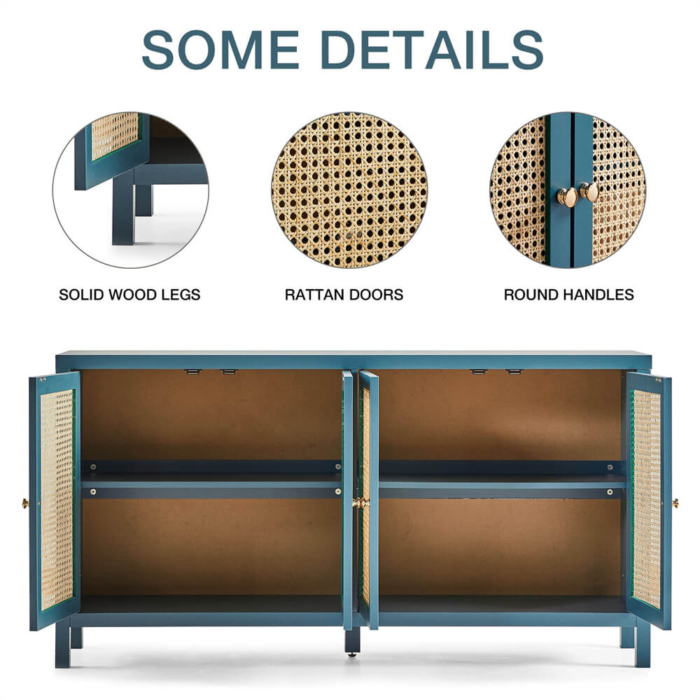 Rattan Storage Cabinet Sideboard Buffet Blue with 4 Doors and Adjustable Shelves