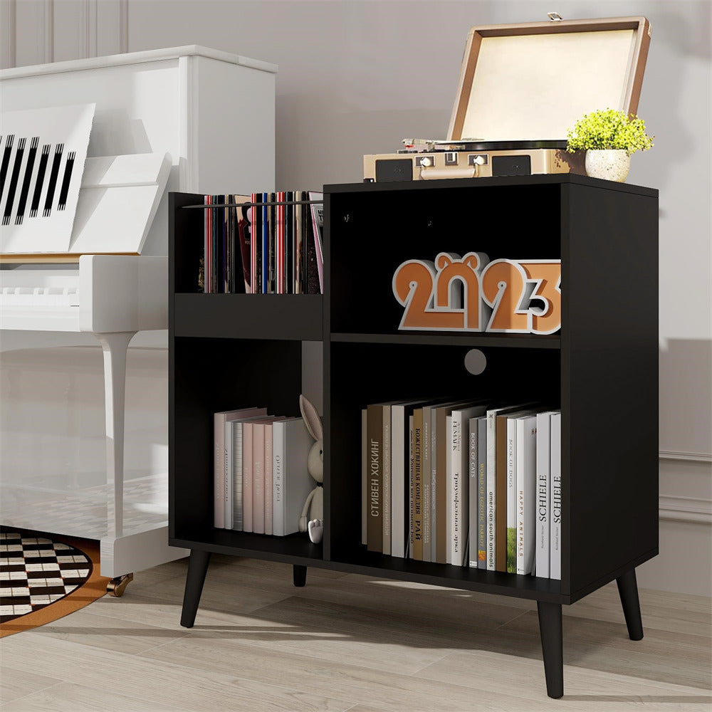 Vinyl Record Player Stand Turntable Stand with Power Outlet Black