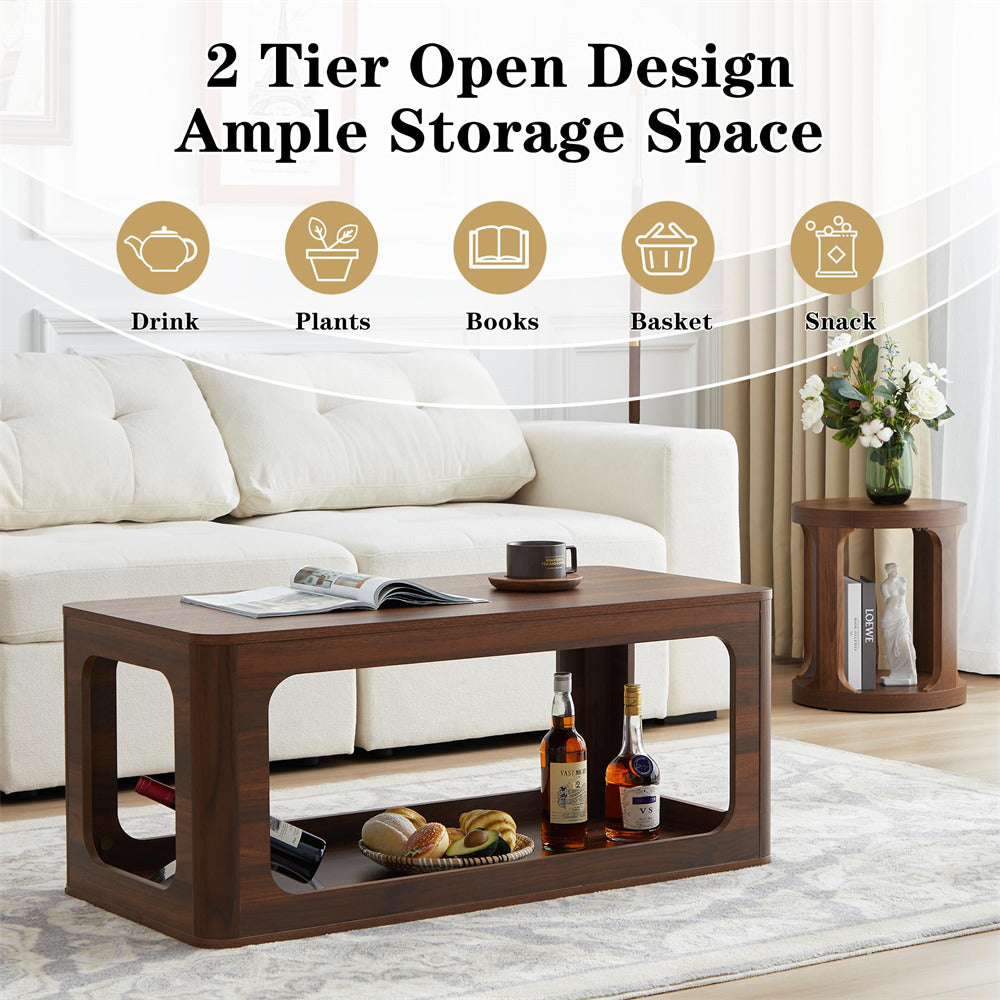 Walnut 2-Tier Rectangle Coffee Tea Table with Storage Shelf