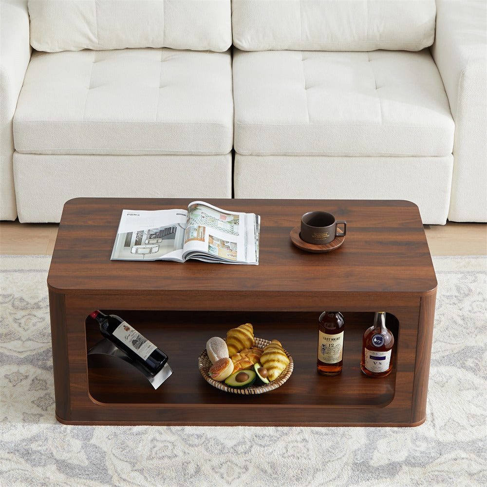 Walnut 2-Tier Rectangle Coffee Tea Table with Storage Shelf