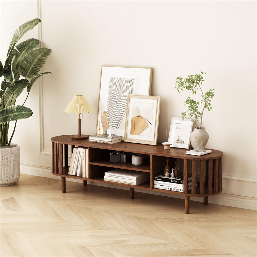 Walnut Mid Century Modern TV Stand up to 70" Curved Profile Design Media Console with Storage Shelves